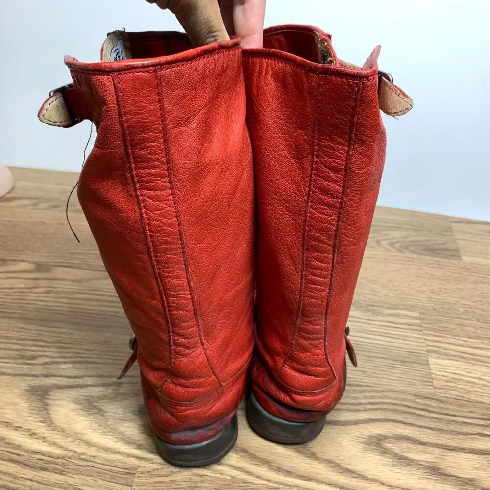 Frye Veronica Slouch Boots Moto Boys Size 2.5 Red Leather‎ Pull-On Buckle
